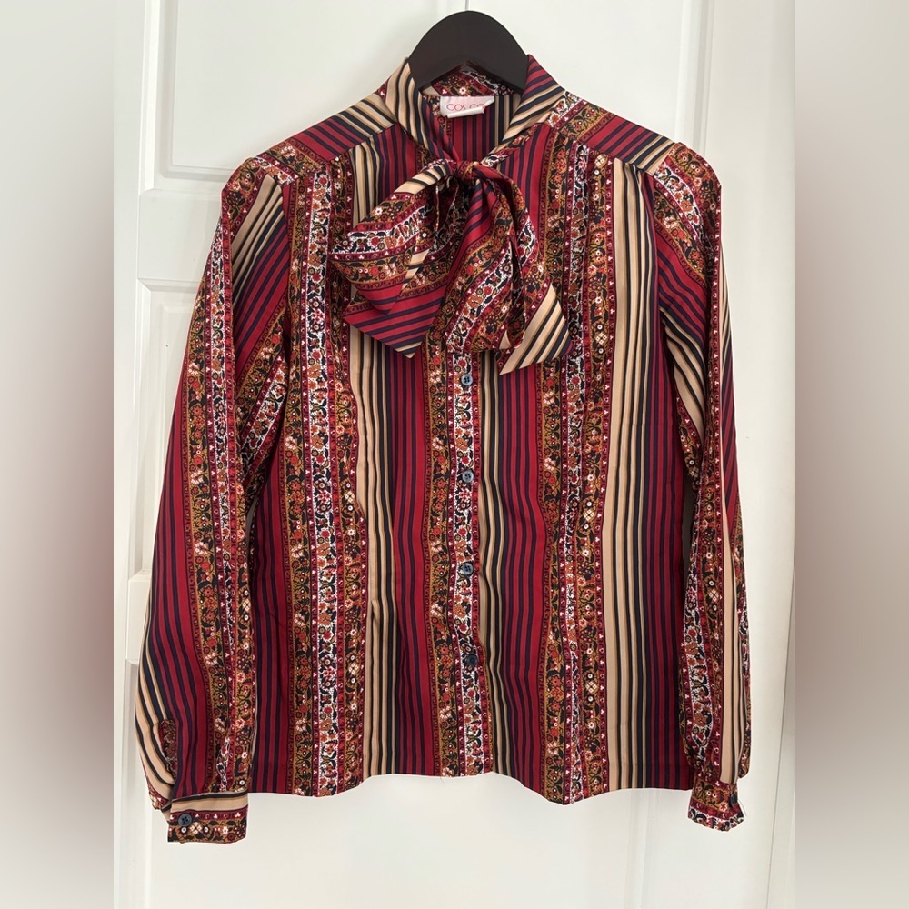 Vintage 70’s Blouse Ditsy Floral Stripes Tie Neck Pussybow Red Cream Navy S​​ - Picture 2 of 9